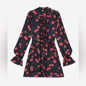 The Kooples red Cherry Print Black Mini Dress with ruffles Dark Romance NWT